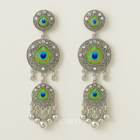 Silver Oxidised Green Peacock Jhumka Earrings