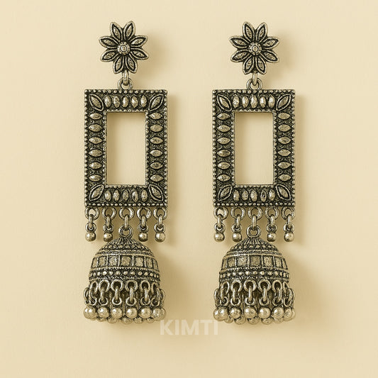 Silver Oxidised Square Stud Jhumka Earring