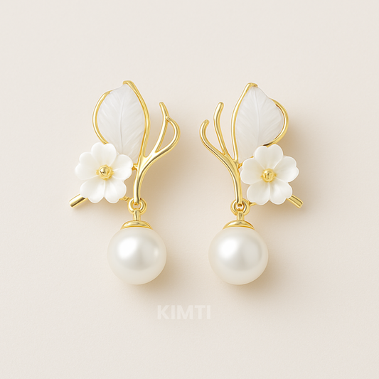 Delicate Gold Floral Pearl Drops Earrings with