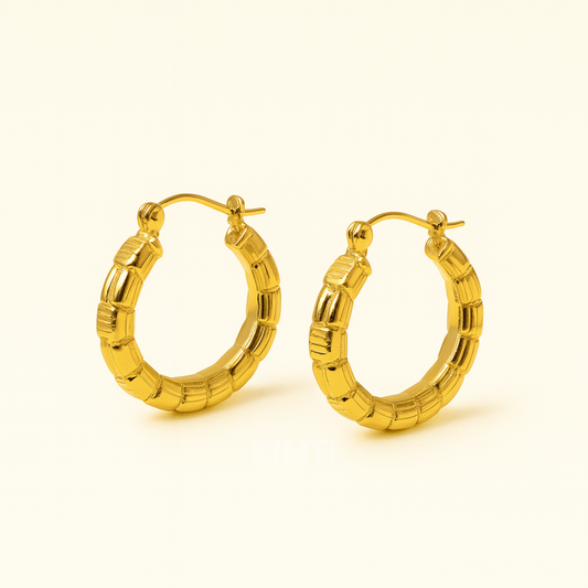 18K Gold Plated Bamboo Carved Hoop AntiTarnish Earring
