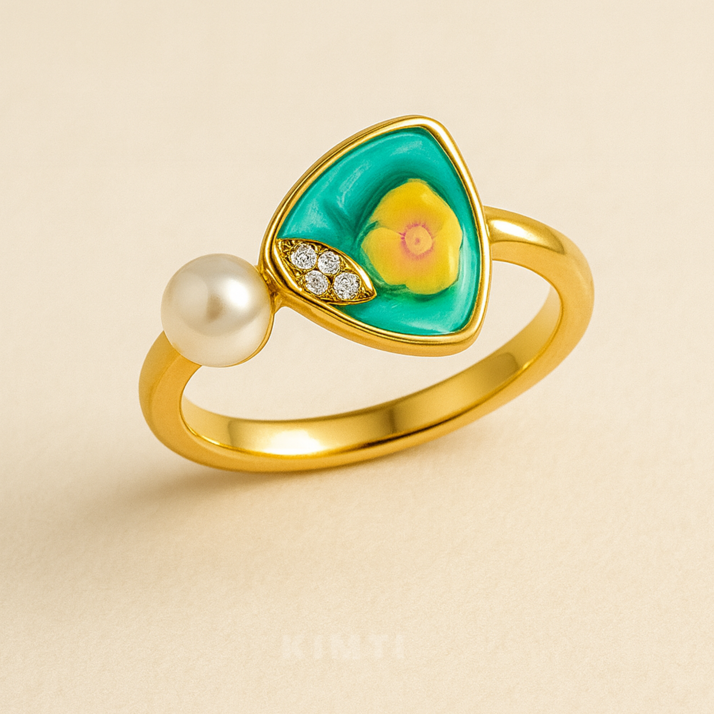 18K Gold Plated Triangle Green Enamel Pearl Ring
