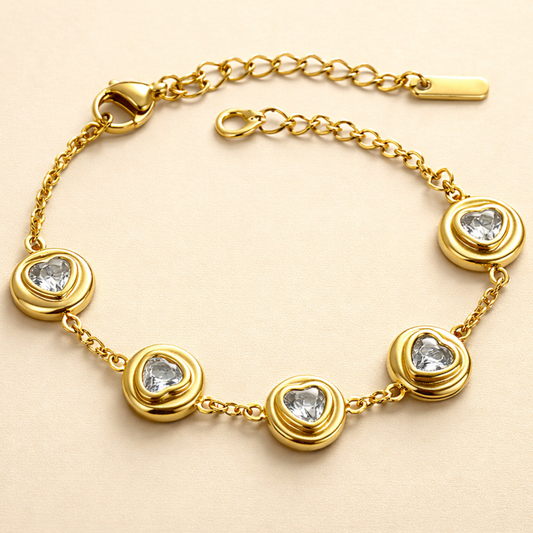 18K Gold Plated Gold Round Heart Crystal Bracelet