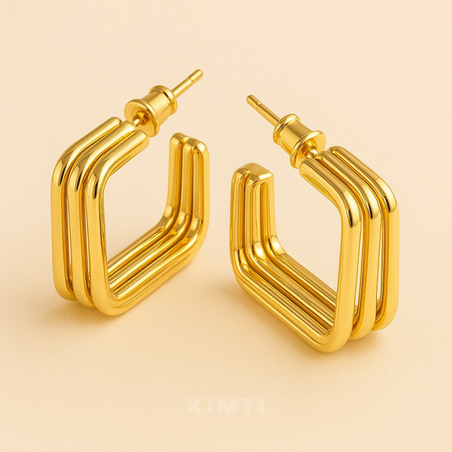 18K Gold Plated Triple Line Square Hoops Earrings