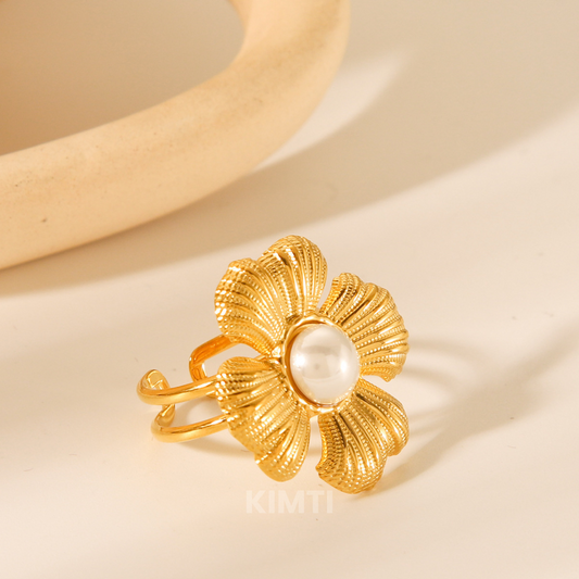 18k Gold Plated pearl Petal  Anti Tarnish Ring