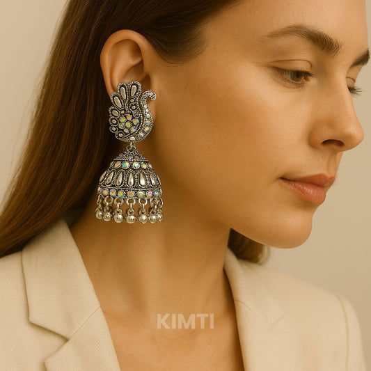 Silver Oxidised Peacock Jhumka Earring