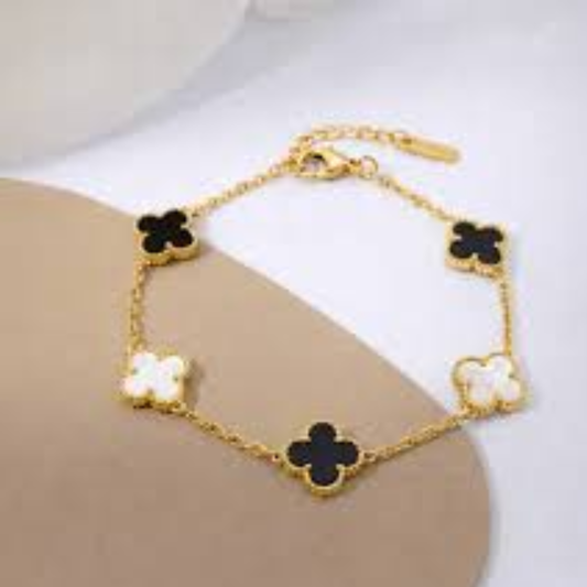 18K Gold Plated Black & White Clover Charm Bracelet