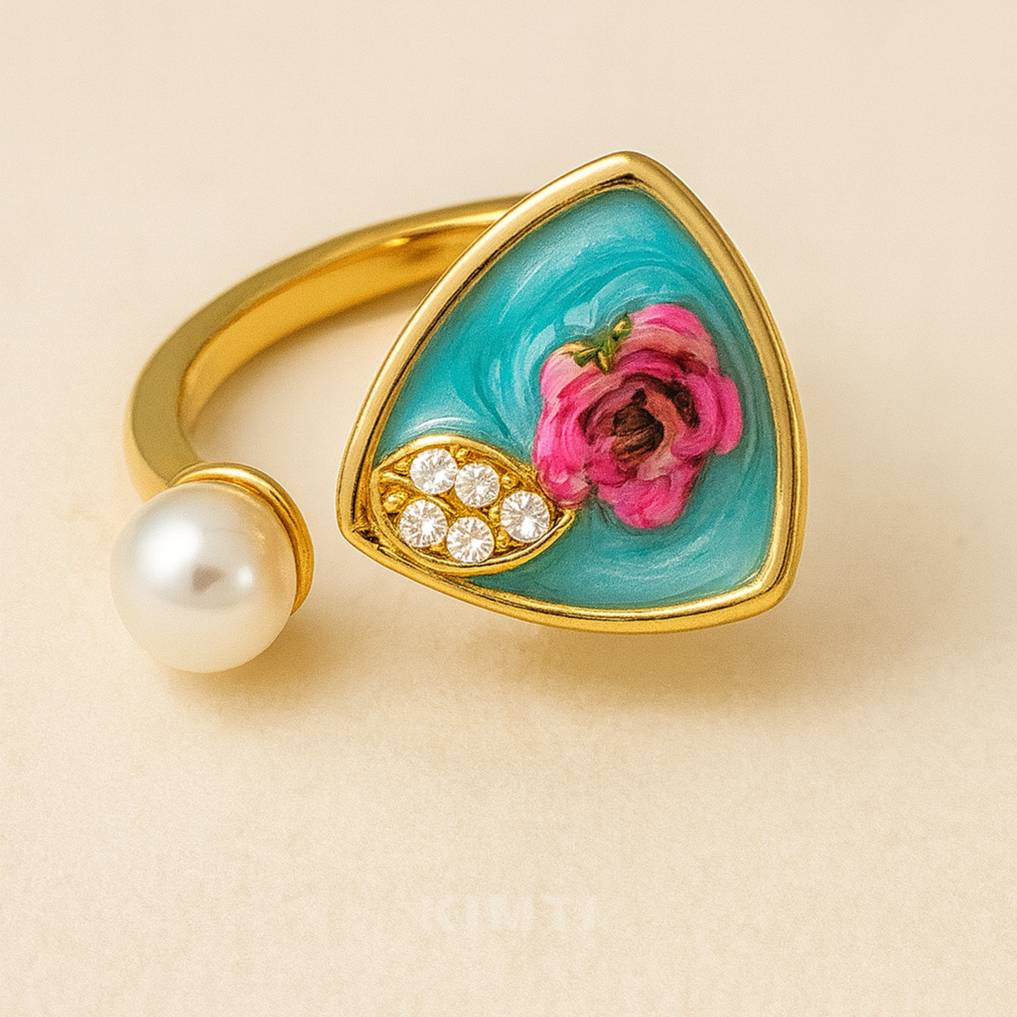 18K Gold Plated Pink Blossom Enamel Ring