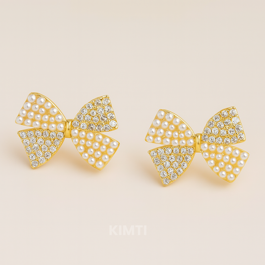 Golden Grace – Elegant Pearl Bow Earrings