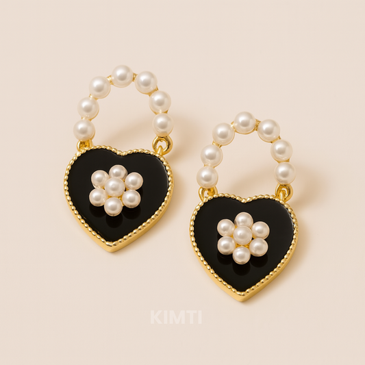 Black Velvet Hearts – Pearl Cluster Drop Earrings