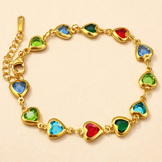 18K Gold Plated Multi-Color Heart Stone Bracelet