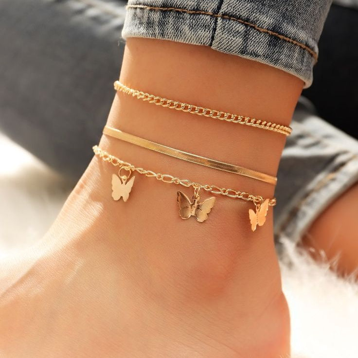 3Layer Gold Butterfly Charm Chain Anklet Set