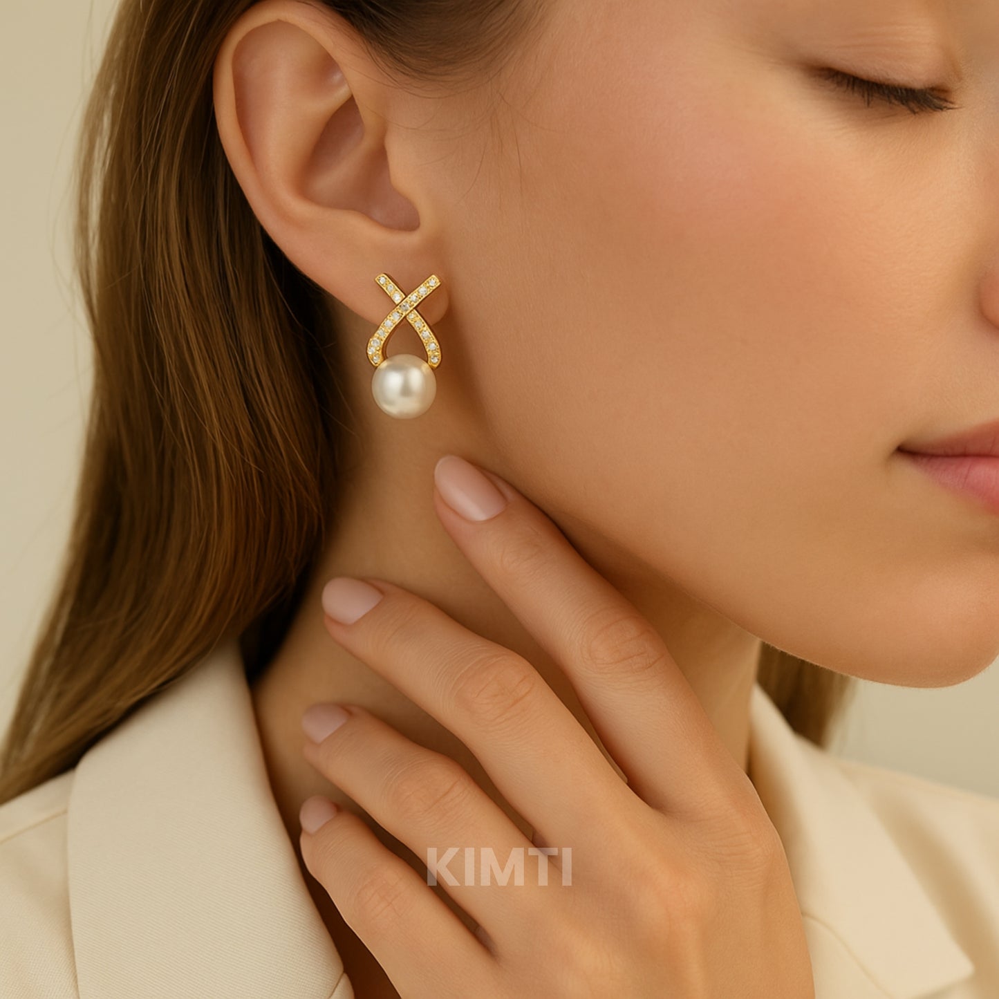Korean Diamond Studded Cross Pearl Silver Stud Earring