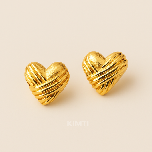 18K Gold PlatedHeart textured lines Stud Earrings