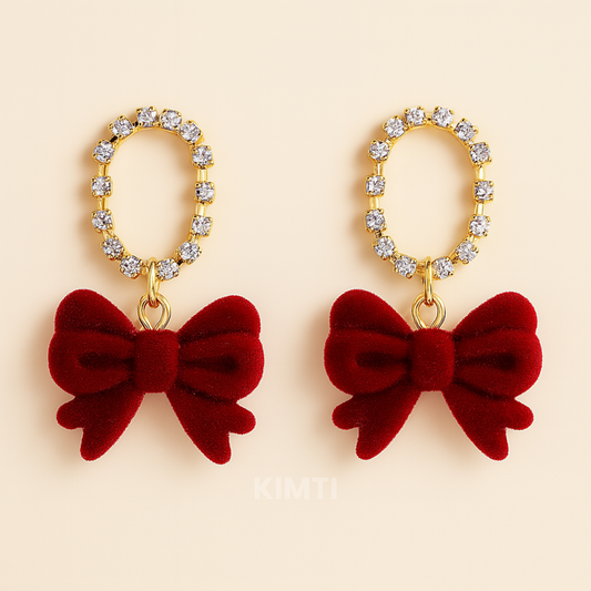 Velvet Charm – Red Bow & Crystal Hoop Earrings