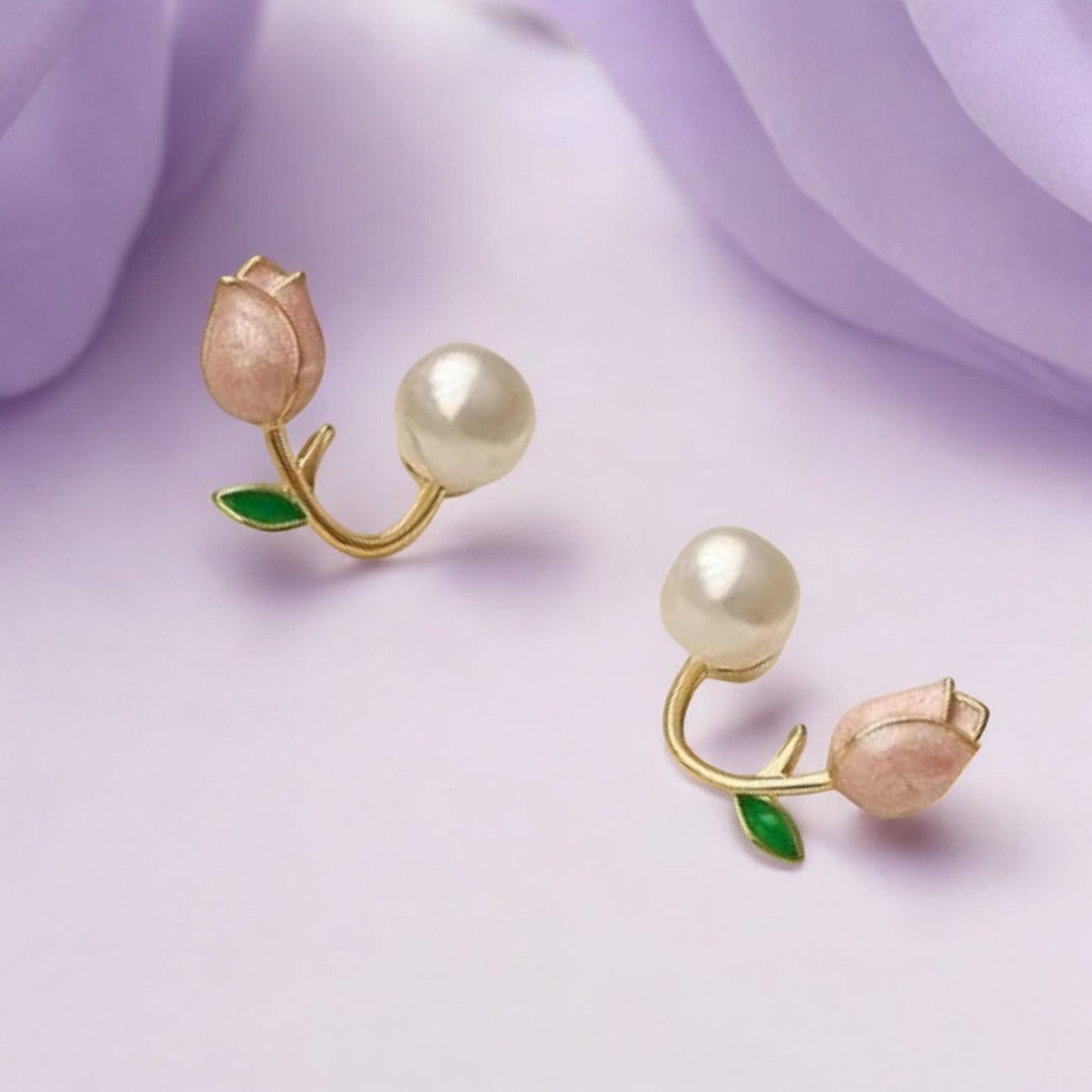 Pink Tulip Pearl Stud Earrings