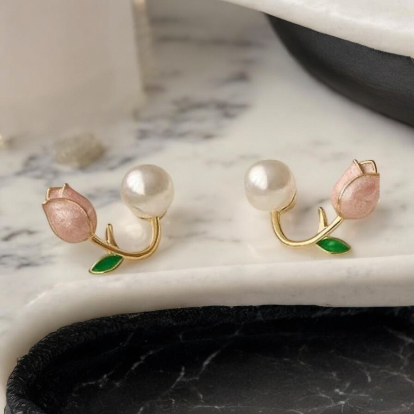 Pink Tulip Pearl Stud Earrings