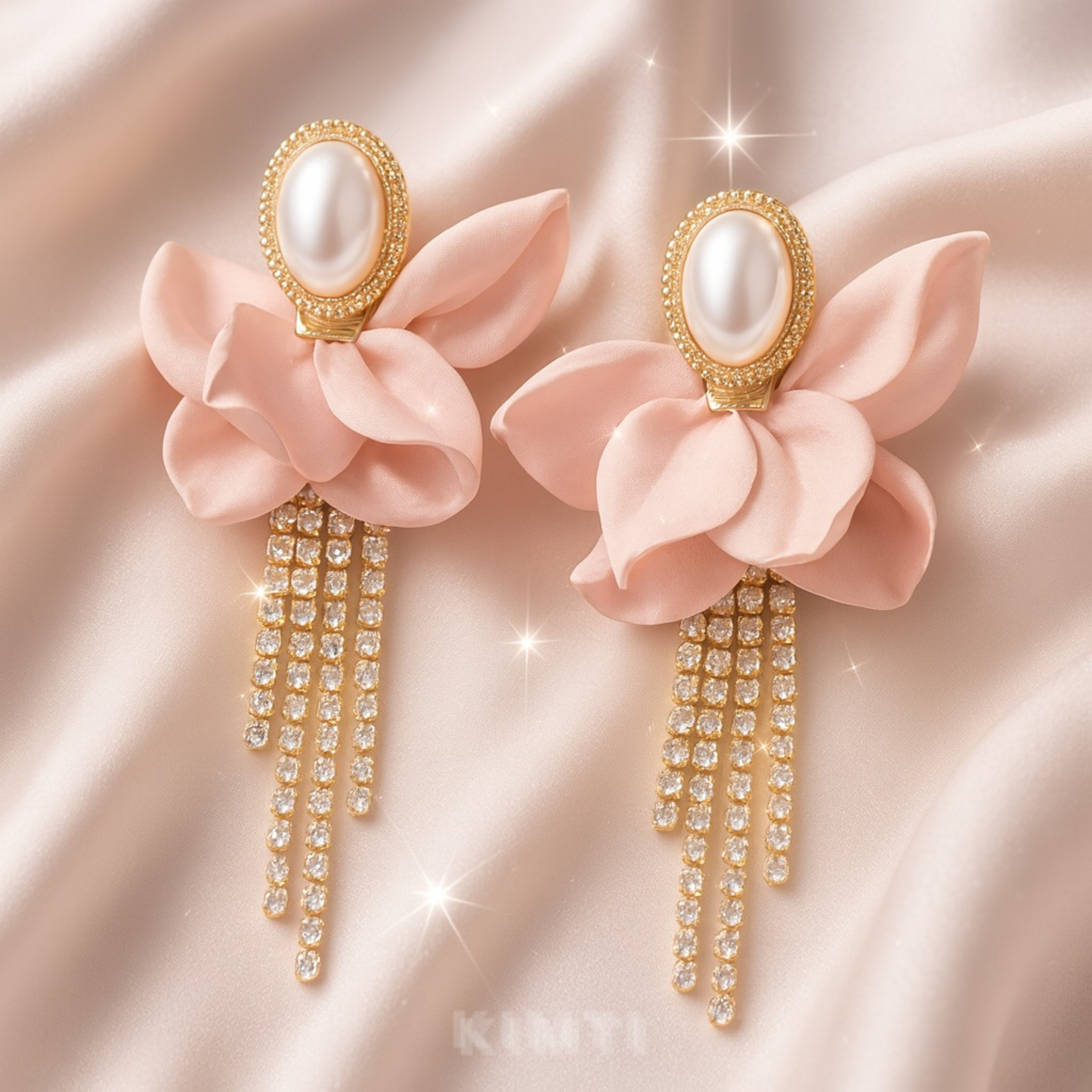 Pink Fabric Flower Crystal Tassel Earrings