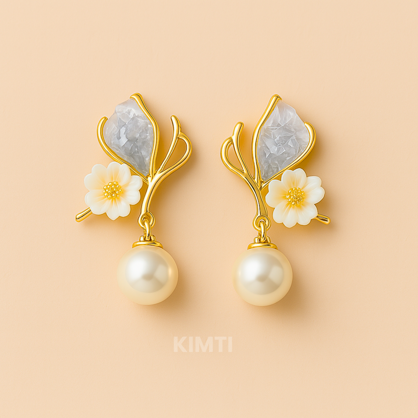 Delicate Gold Floral Pearl Drops Earrings with