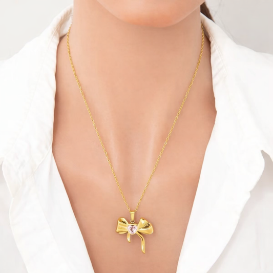 18K Gold Plated Gold Bow Pendant with White Gemstone Necklace