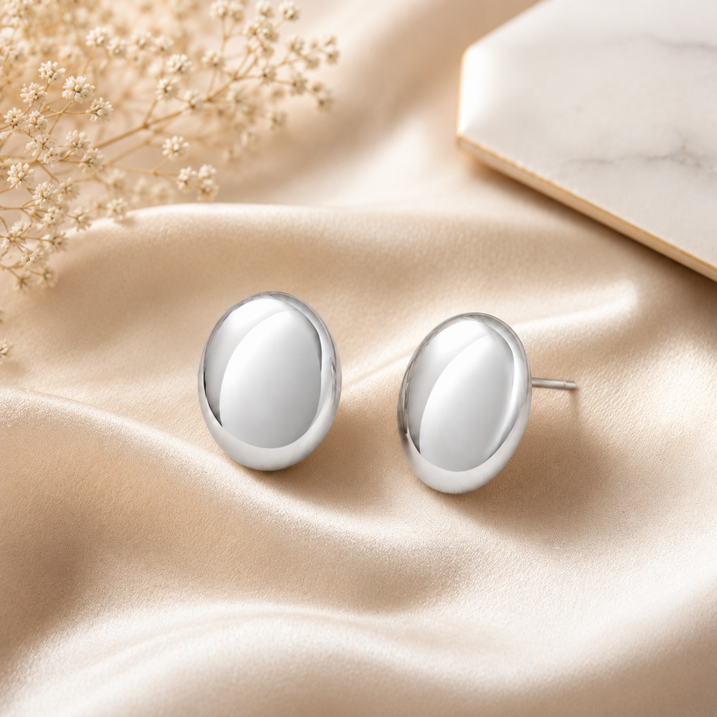 Anti Tarnish Luna Silver Oval Stud Earrings