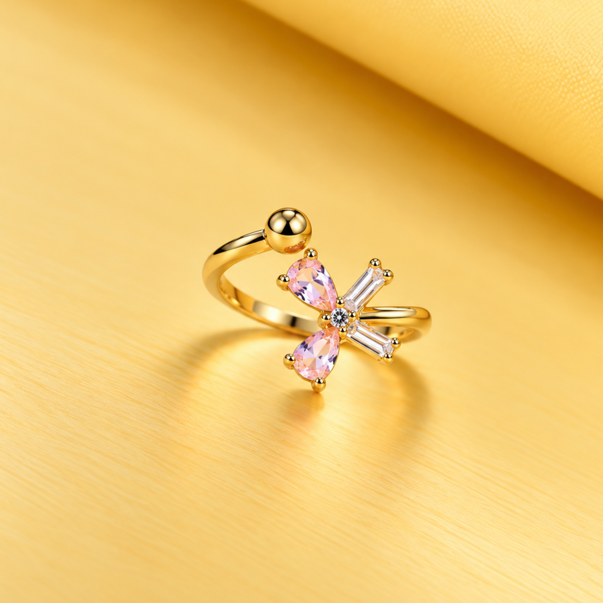 18K Gold-Plated Black & White Bow Ring.
