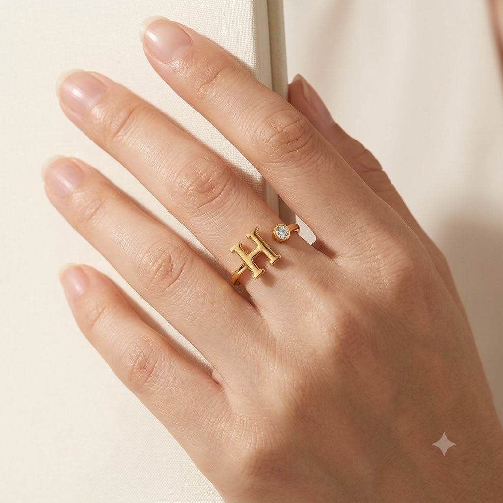 18K Gold Plated Adjustable Initial Charm Ring