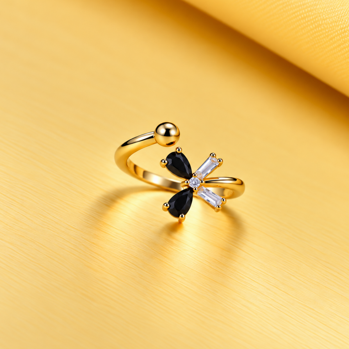 18K Gold-Plated Black & White Bow Ring.