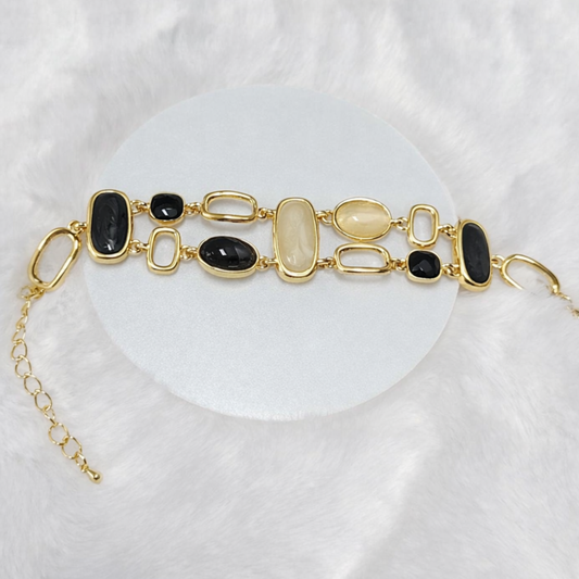 18K Gold Plated Black & Ivory Stone Link Bracelet
