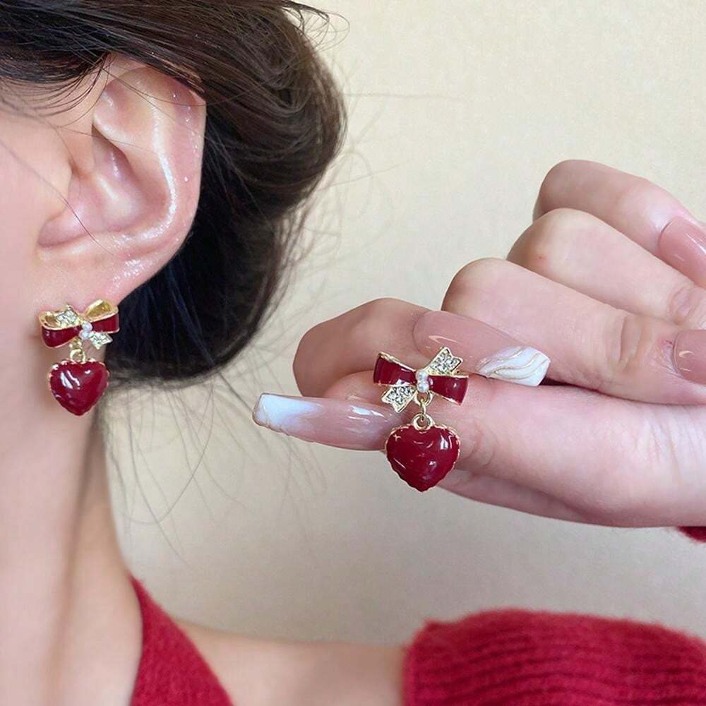 Red Bow Heart Earring