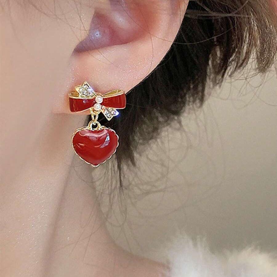 Red Bow Heart Earring