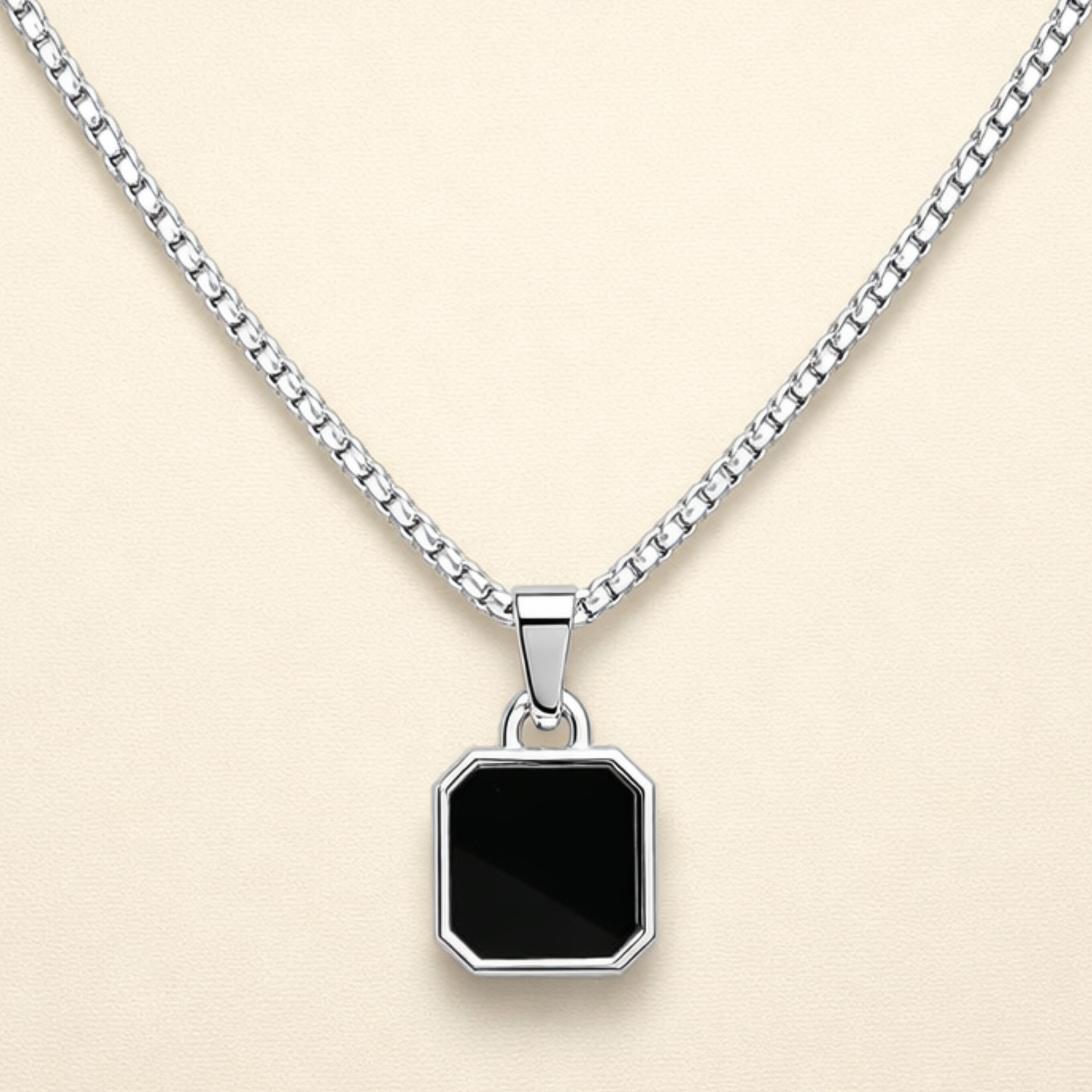 Men - Geometric Black Stone Silver Necklace