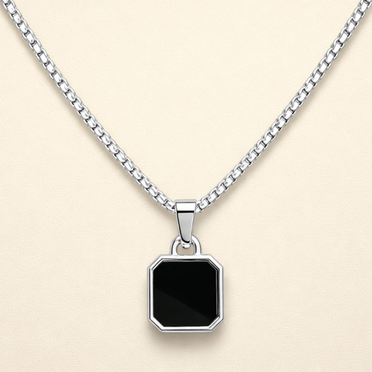 Men - Geometric Black Stone Silver Necklace