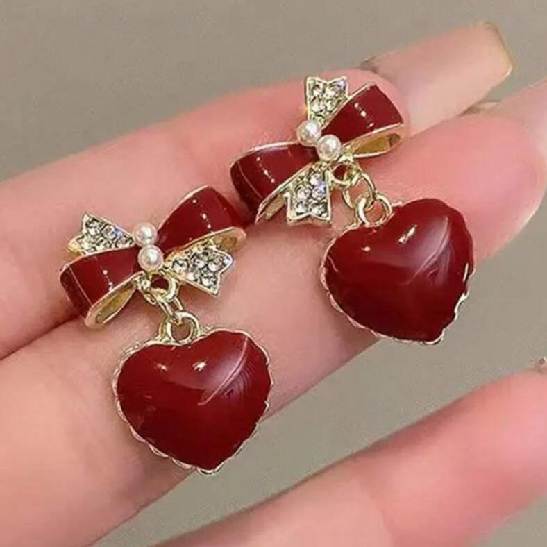 Red Bow Heart Earring