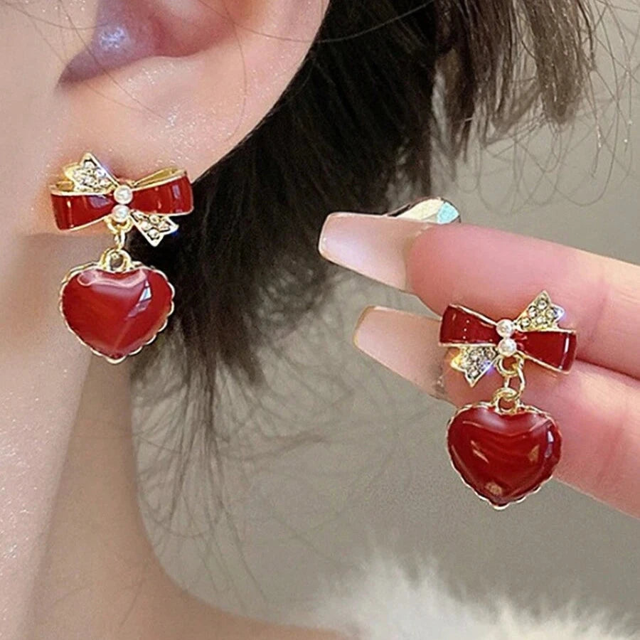 Red Bow Heart Earring