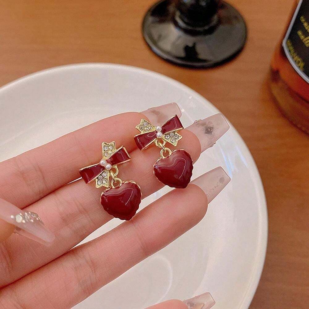 Red Bow Heart Earring