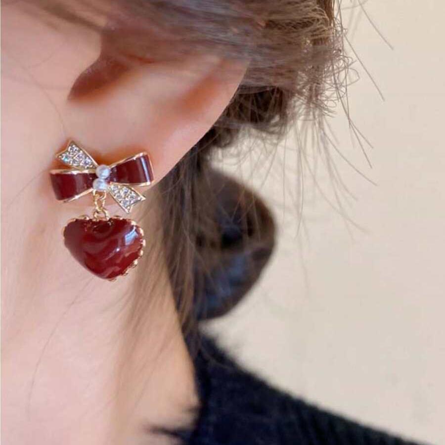 Red Bow Heart Earring