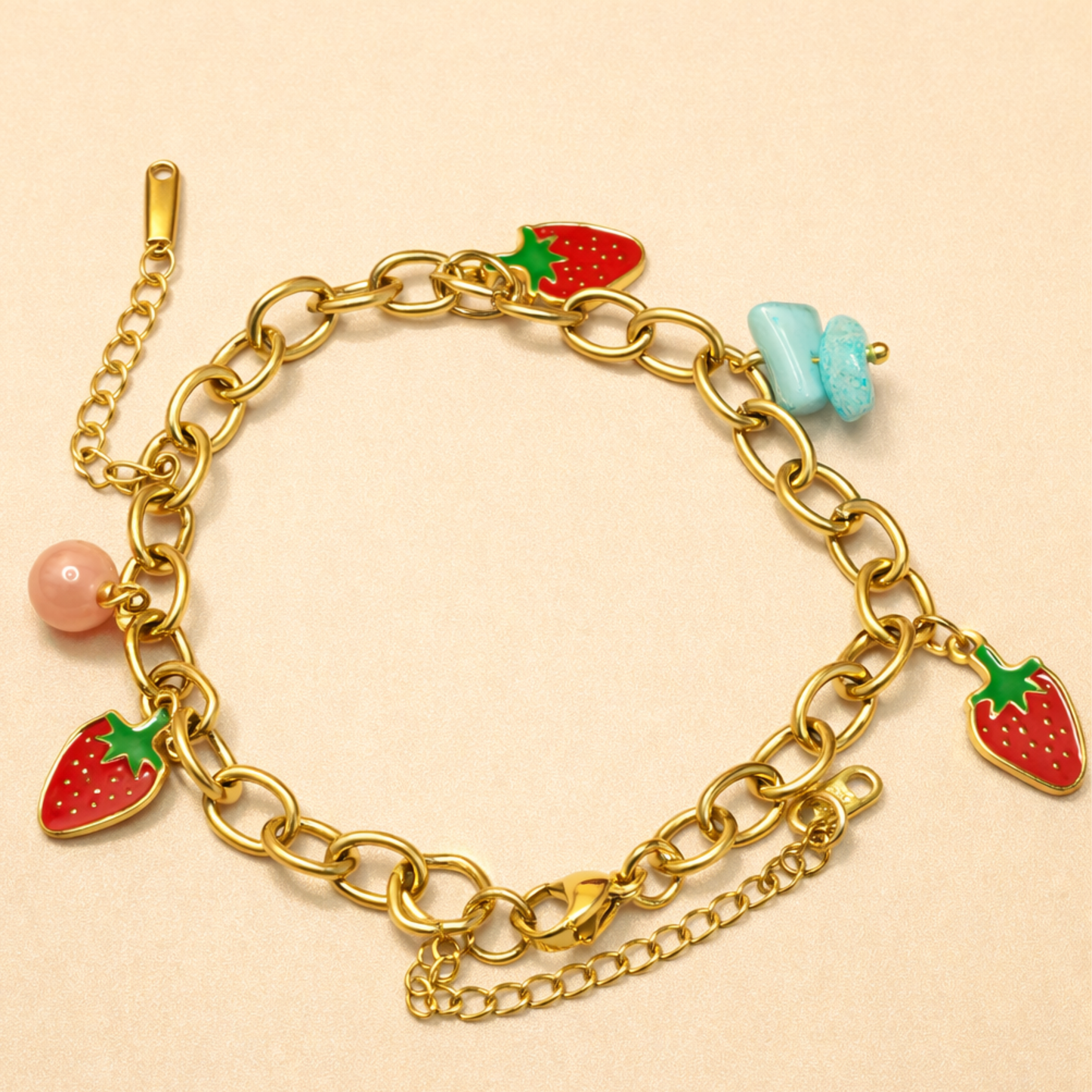 18K Gold Plated Strawberry & Bead Charm Bracelet