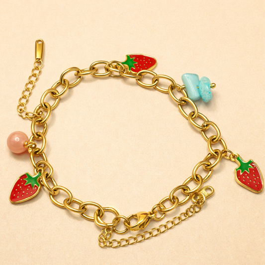 18K Gold Plated Strawberry & Bead Charm Bracelet