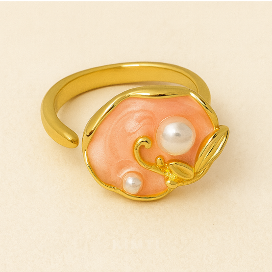 18K Gold Plated Peach Enamel Pearl Ring