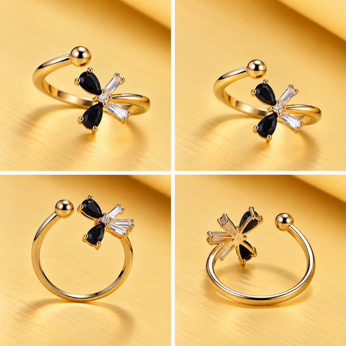 18K Gold-Plated Black & White Bow Ring.