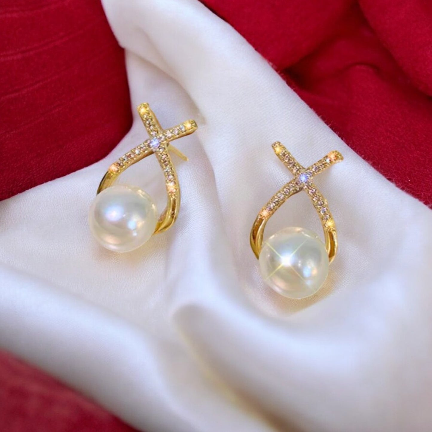 Korean Diamond Studded Cross Pearl Silver Stud Earring