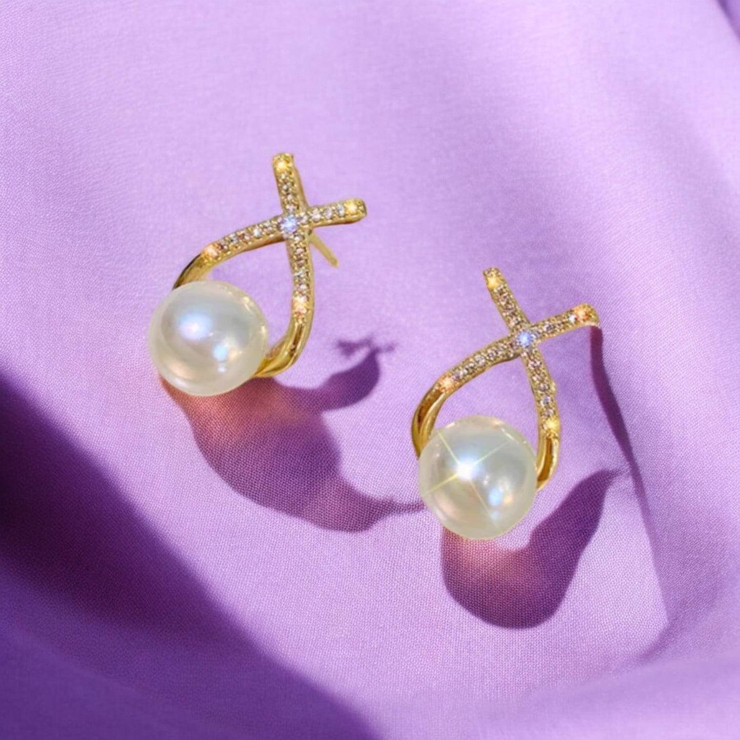 Korean Diamond Studded Cross Pearl Silver Stud Earring