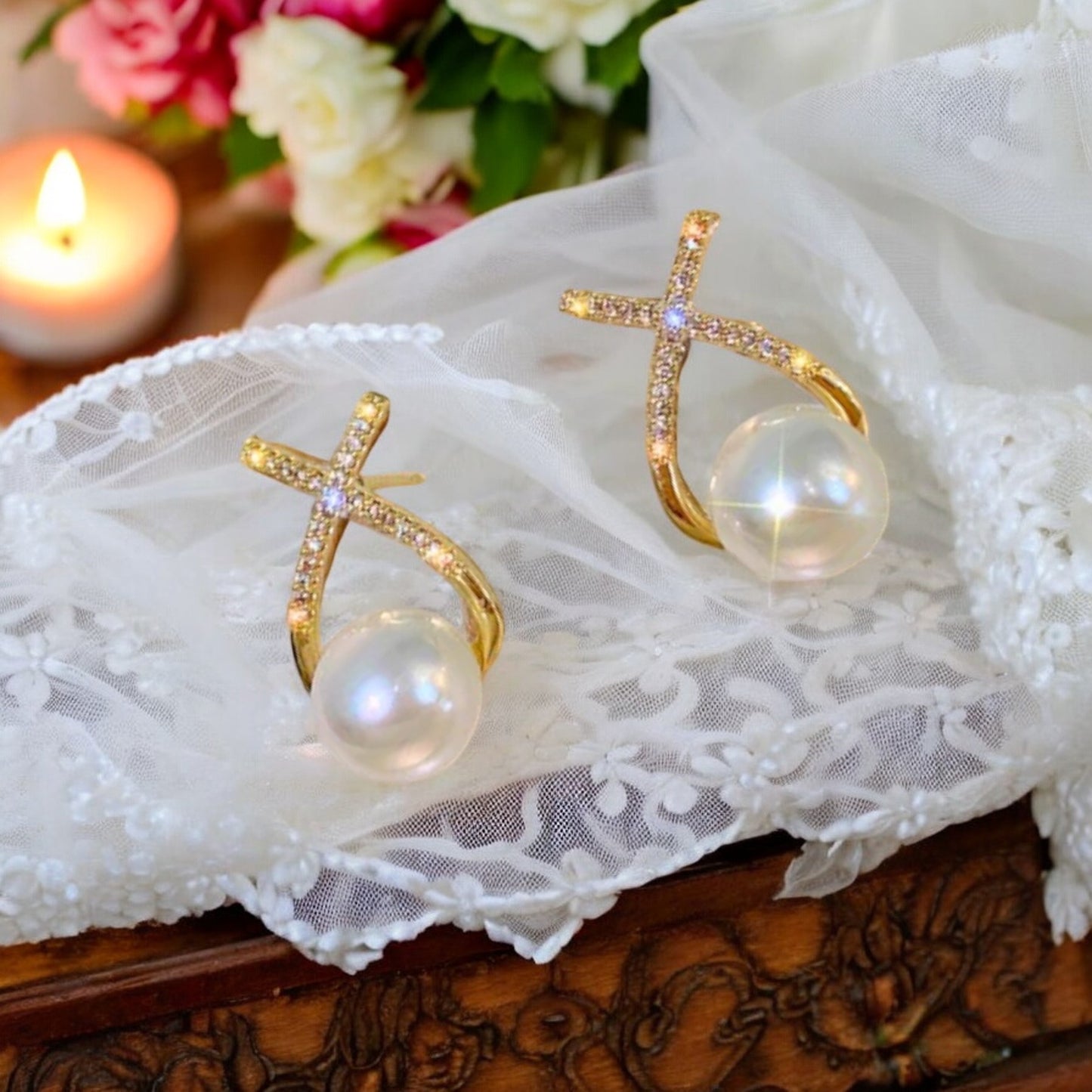 Korean Diamond Studded Cross Pearl Silver Stud Earring