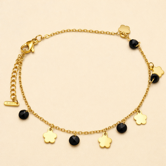 18K Gold Plated Black Stone & Flower Charm Bracelet