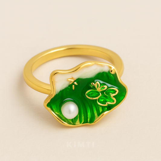 18K Gold Plated Pastel Botanical Pearl Accent Ring