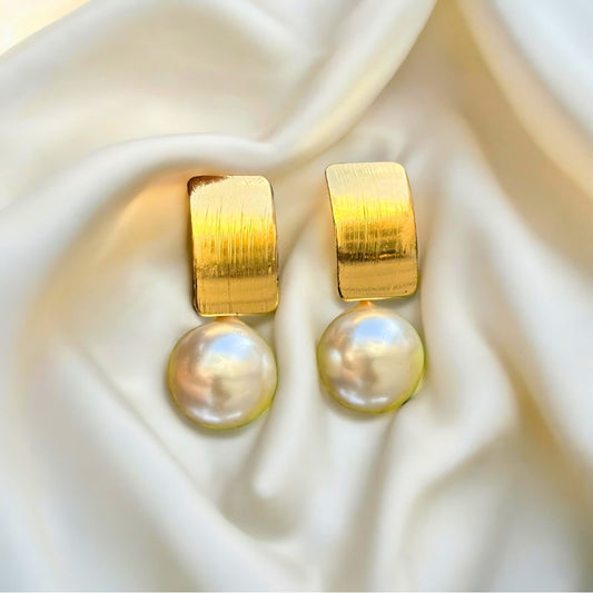 Gold Rectangular Pearl Stud Earring