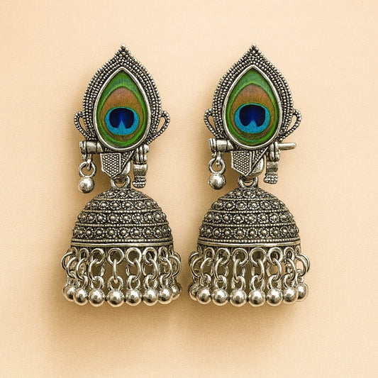 “Oxidized Silver Peacock Feather Jhumka Earrings