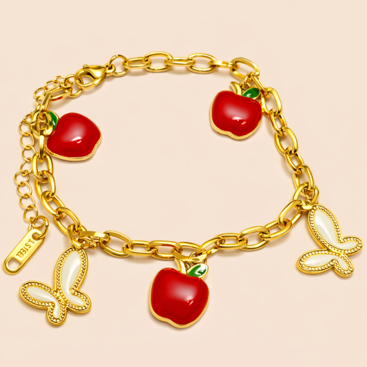 18K Gold Plated Red Apple & Butterfly Charm Bracelet