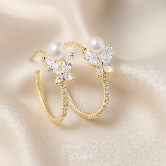Butterfly Crystal Pearl Hoop Earrings