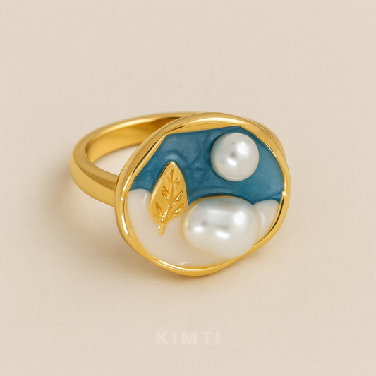 18K Gold Plated Blue Abstract Pearl Ring